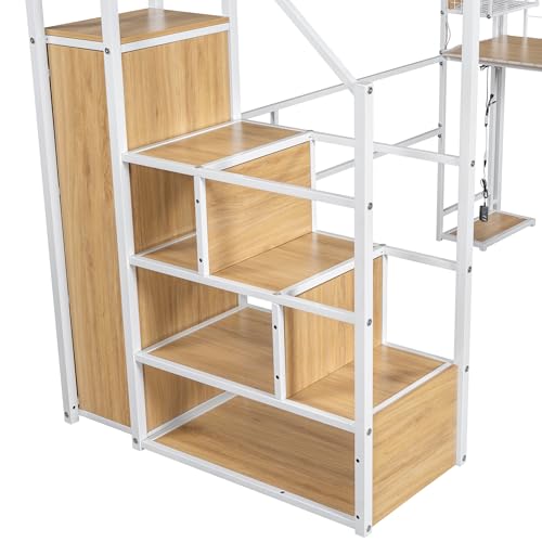 Modern Full Size Gaming Loft Bed with Built-in Desk and Storage Wardrobe, Wood Loft Bed Frame with Light Strip and 2 Drawers