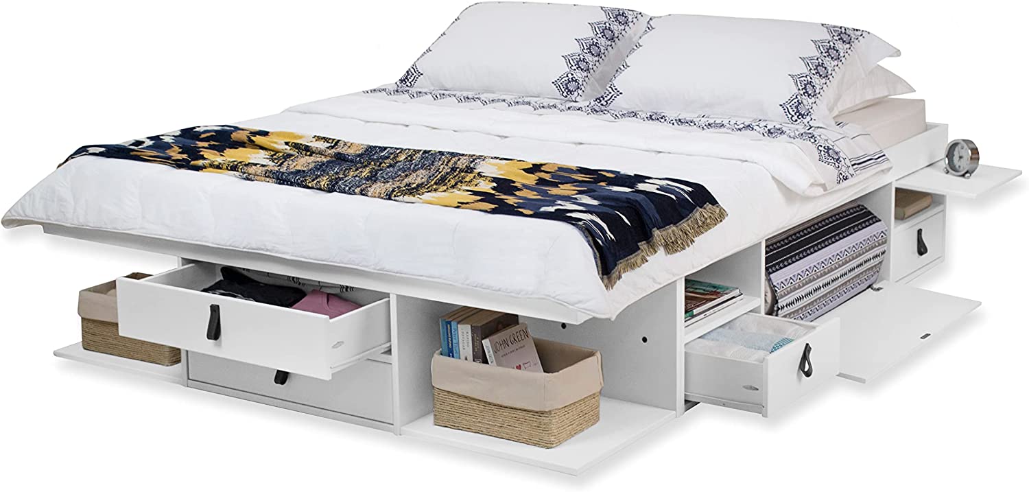 Memomad Set Bali White: Storage Bed Super King 6FT (180x200 cm) + Headboard 205 + Slatted Frame. Sturdy double bed frame and headboard with drawers