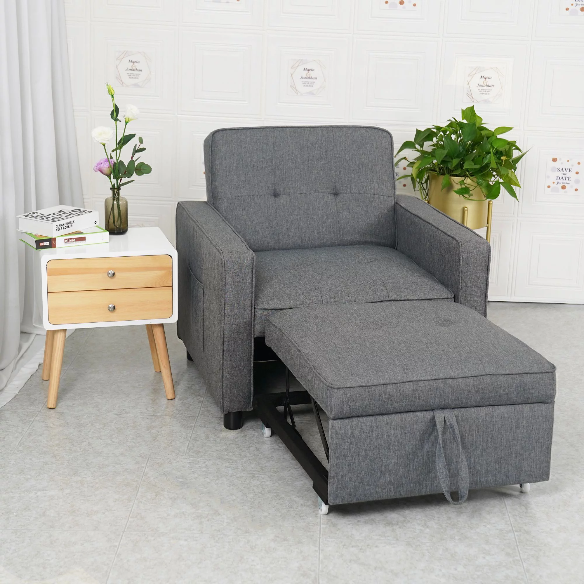 Daybed Convertible Chair Bed Sofa Sleeper 3-in-1 for Adults Single Adjustable Chair with Pillow and Pocket Linen Fabric Modern Arm Chair Light Grey