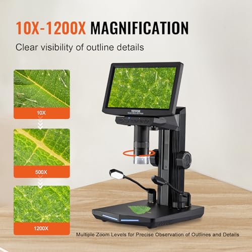 VEVOR 10.1" HDMI LCD Digital Microscope for Adults, Soldering Electron Microscope 1300X with IPS Screen, 8 LED Lights, 2 Flexible Side Lights