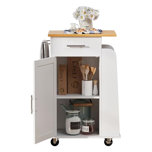 Shintenchi Rolling Kitchen Island Cart with Folding Drop Leaf Breakfast Bar, Portable Trolley Island with Large Storage Cabinet, Shelf and Drawer