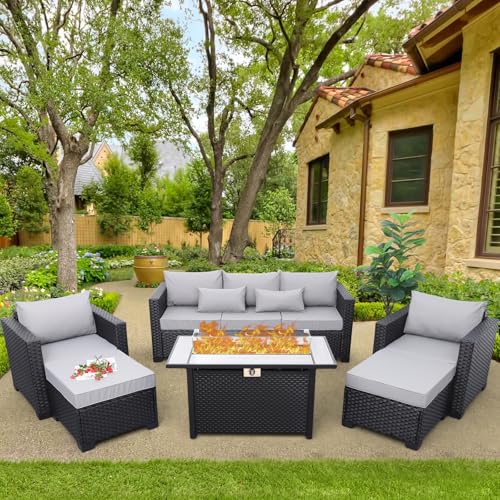 Rattaner Patio Wicker Furniture Set 6 Pieces Outdoor HDPE Wicker Conversation Couch Sectional Chair Sofa Set with Grey Cushions