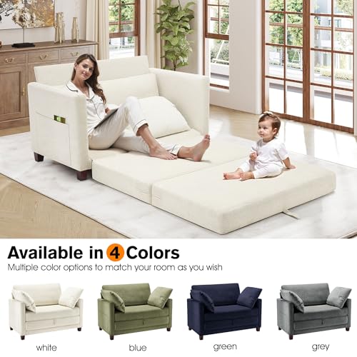 51" Loveseat Sleeper Sofa Bed, Chenille Convertible Floor Sofa Bed for Small Spaces, Folding Couch Bed with Deep Seat, 2 Pillows & Solid Frame