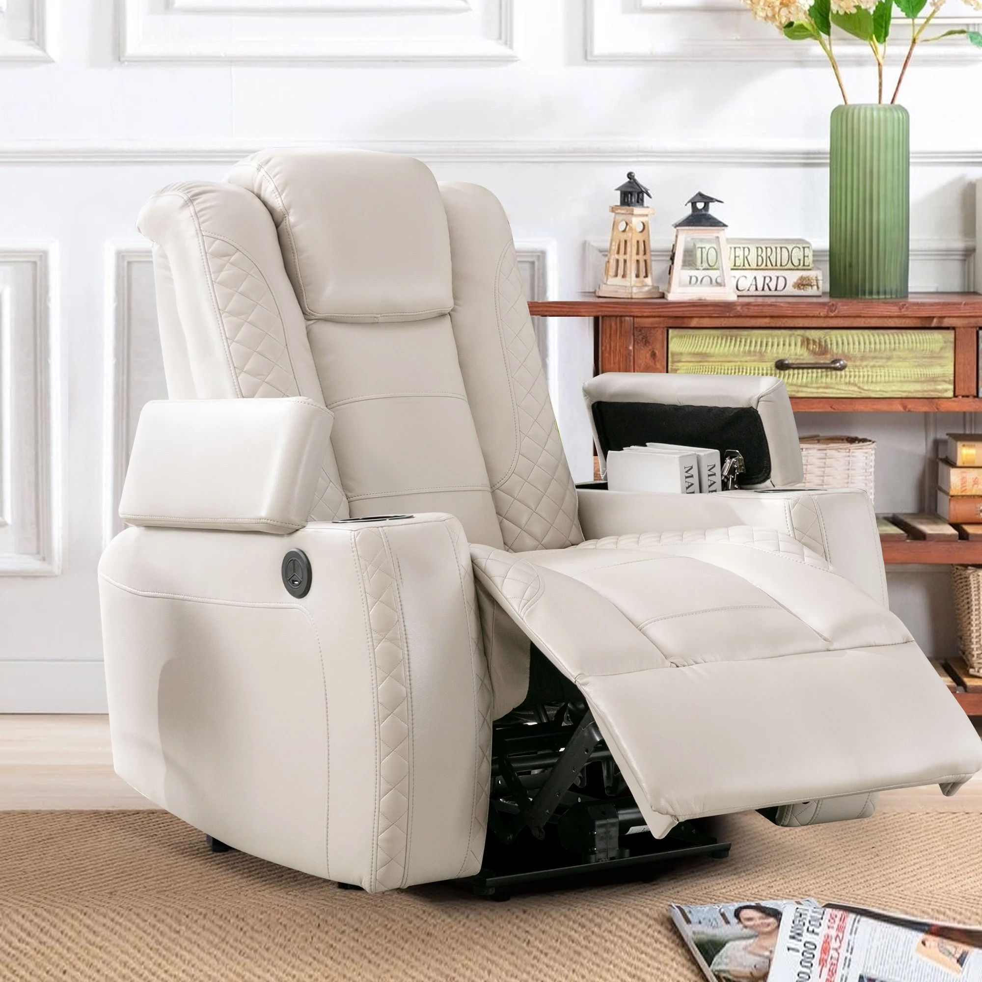 Kbest Power Recliner Chair with Cup Holders and Hidden Arm Storage Leather Home Theater Recliner with with USB Ports - Radiant Selections