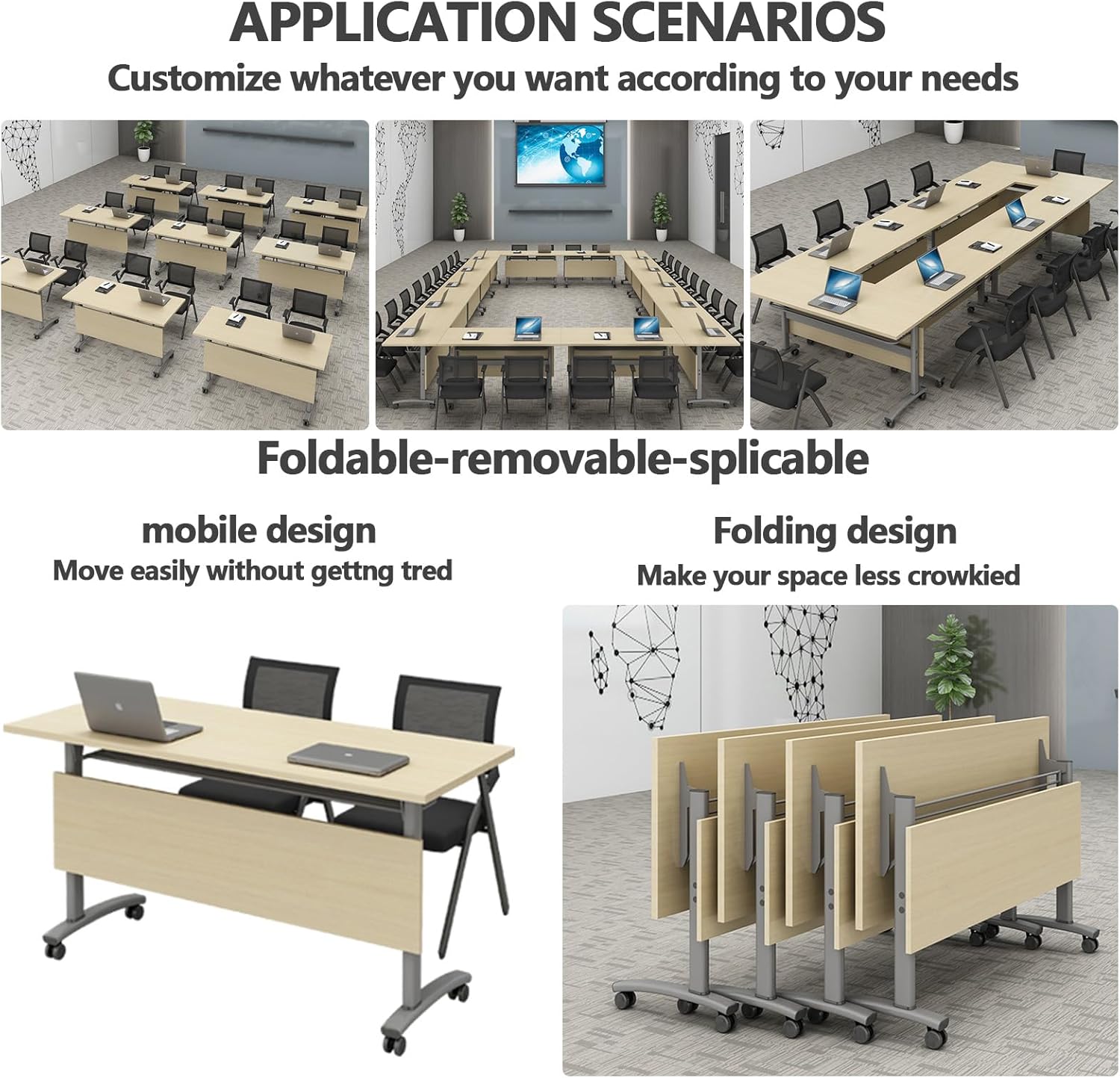 Conference Table Foldable Meeting Tables, Conference Rooms Training Rooms Flip Top Mobile Training Table, Rolling Meeting Table with Caster Wheels