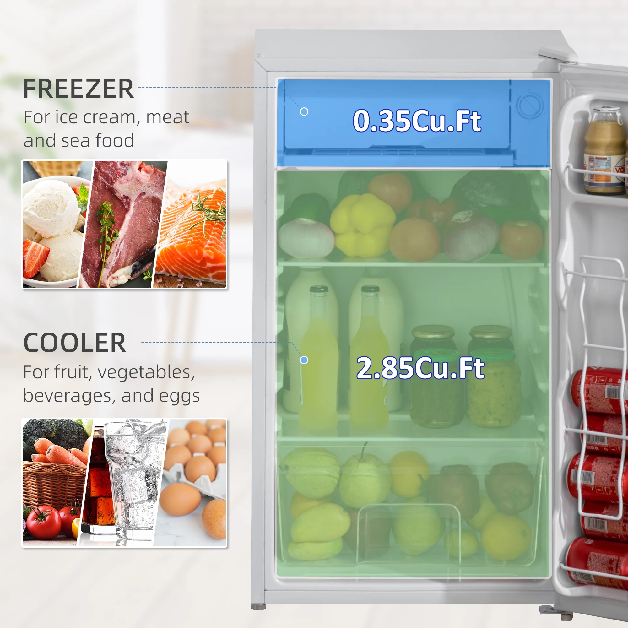 THINK 30,3.2 Cu.Ft Mini Fridge with Freezer, Single Door Compact Refrigerator with Adjustable Thermostat, Shelf and Reversible Door for Bedroom, Dorm