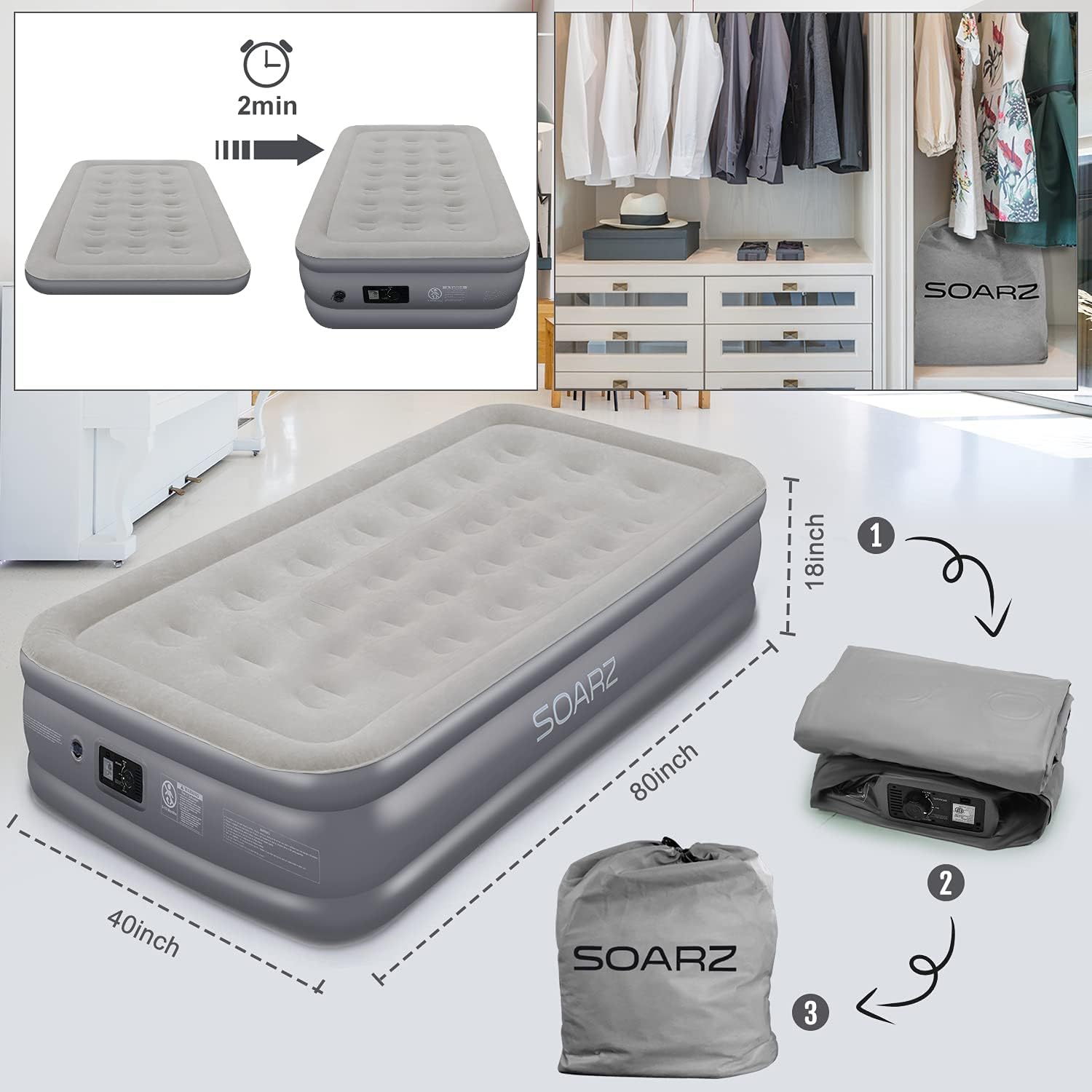 SOARZ Air Mattress Queen with Built-in Pump, Upgraded Double High Luxury Flocked Top Airbed for Home Camping Travel and Indoor Use