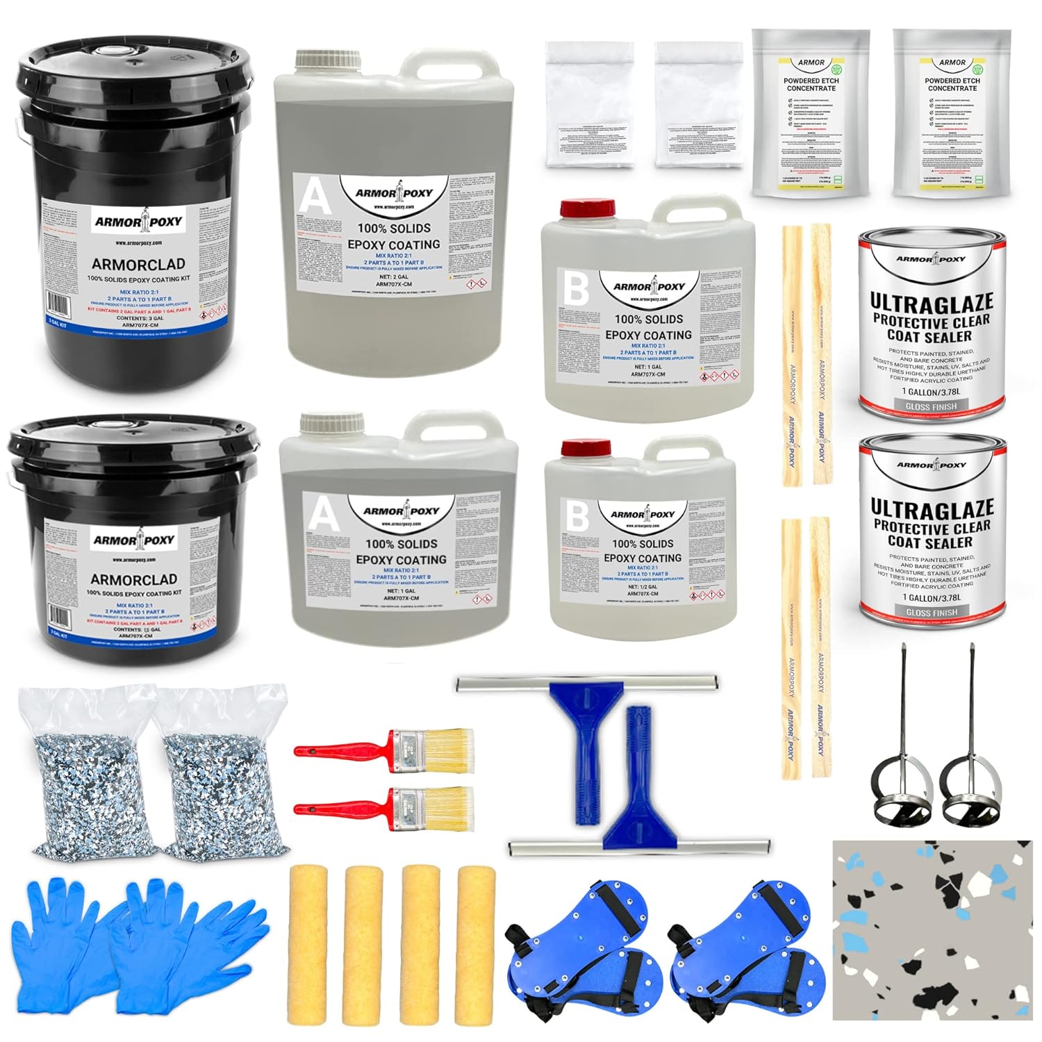 Garage Floor Epoxy Kit - 28-Pc 2 Part - 900 Sq. Ft - Gray, Industrial Grade Coating Kit - for Basements, Workshops, Contractors, Automotive, Storage