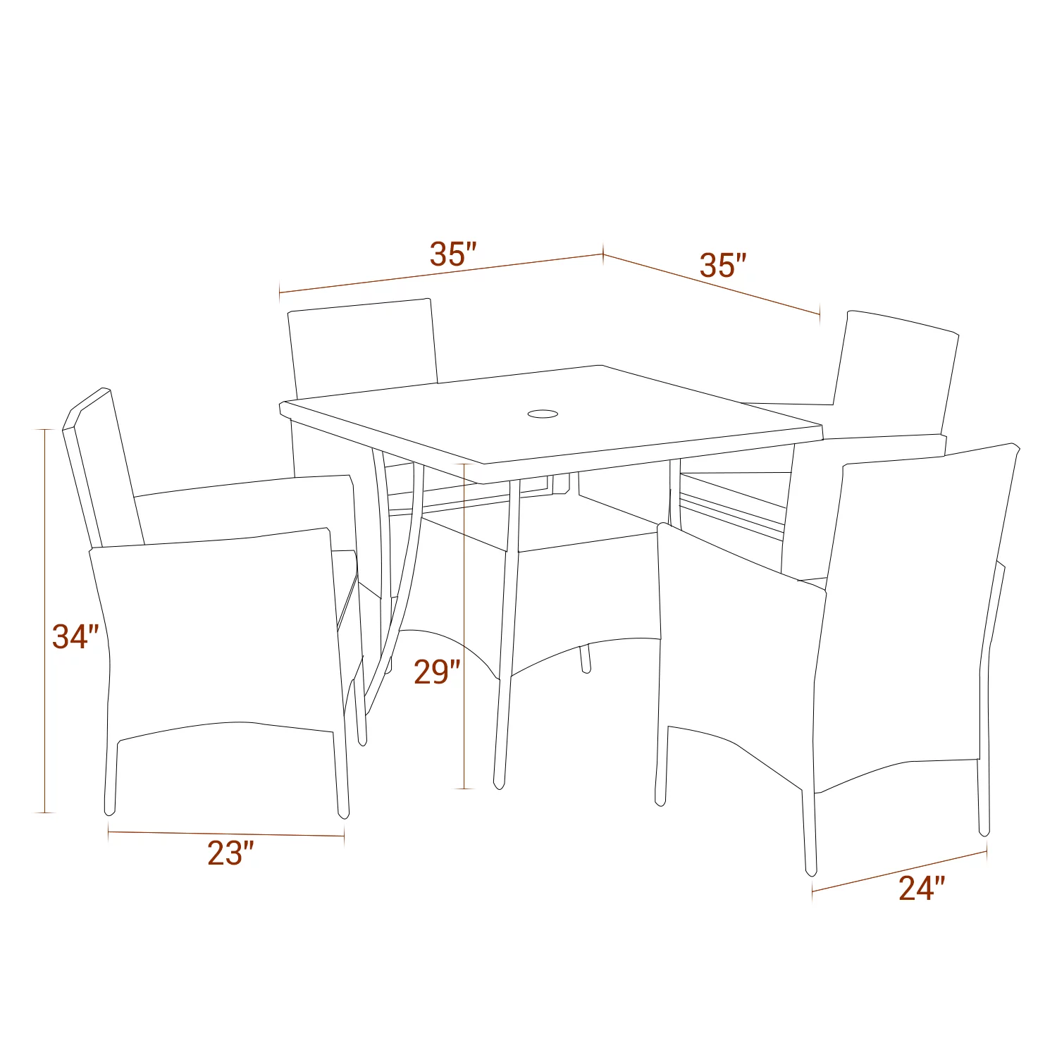 CozyHom 5 Pcs Outdoor Patio Wicker Furniture Dining Table Sets, Sectional Conversation Glass Dining Table Chairs Set for 4 with Umbrella Hole, Grey