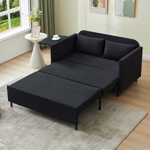 3-in-1 Sleeper Sofa Bed, 51'' Convertible Folding Couch with Pullout Bed, Chenille Futon Sleeper Sofa with Side Table and 2 Pillows
