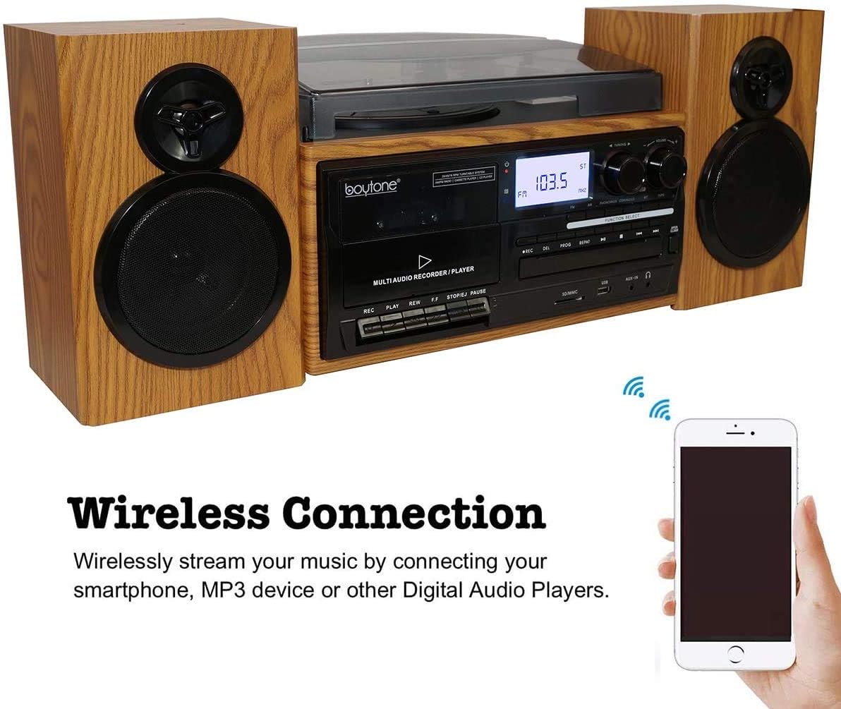 Boytone BT-28SPW, Bluetooth Classic Style Record Player Turntable with AM/FM Radio, CD/Cassette Player, 2 Separate Stereo Speakers, Record from Vinyl