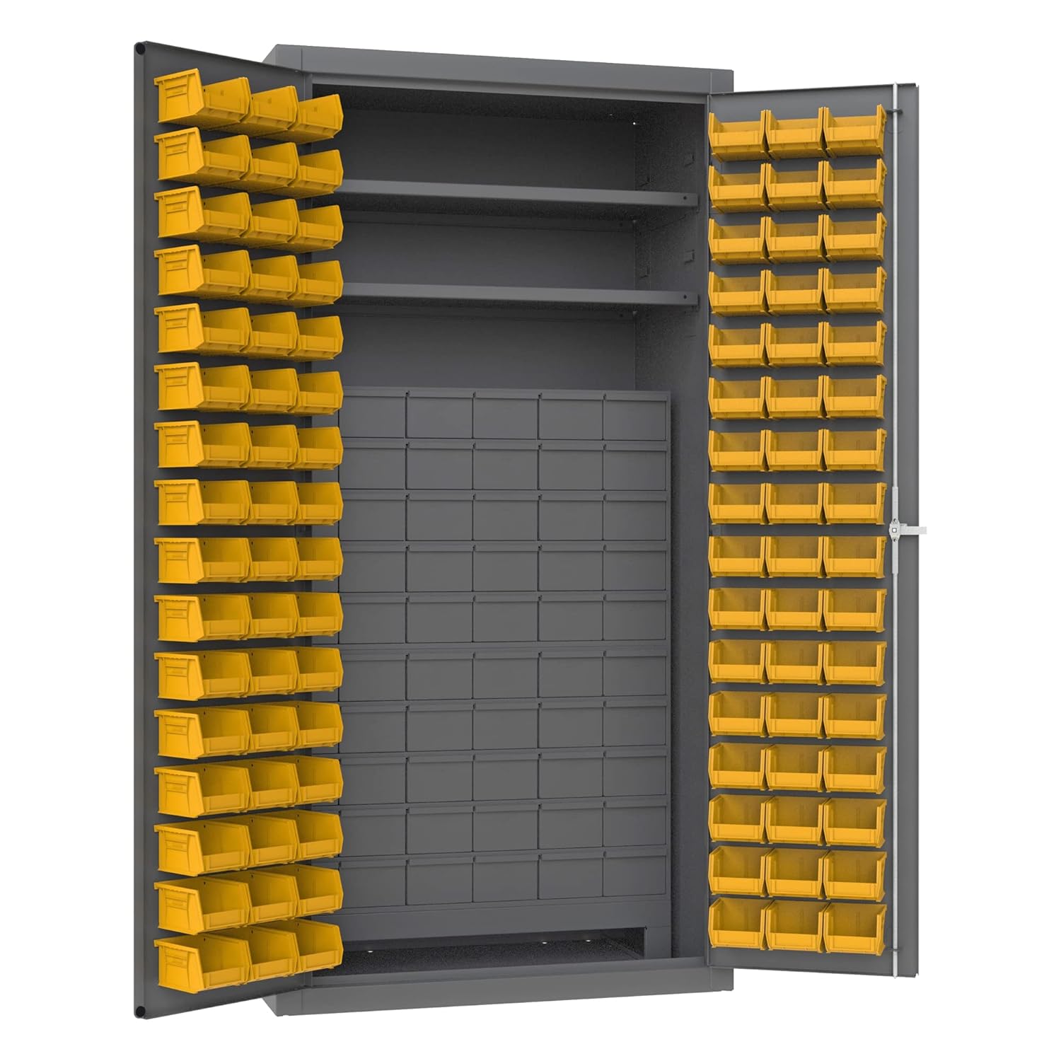 Durham 14 Gauge Welded Steel Small Parts Storage/Security Cabinet with 60 Jumbo Drawers and 96 Hook-On Bins, 3501-DLP-60DR11-96-2S-95