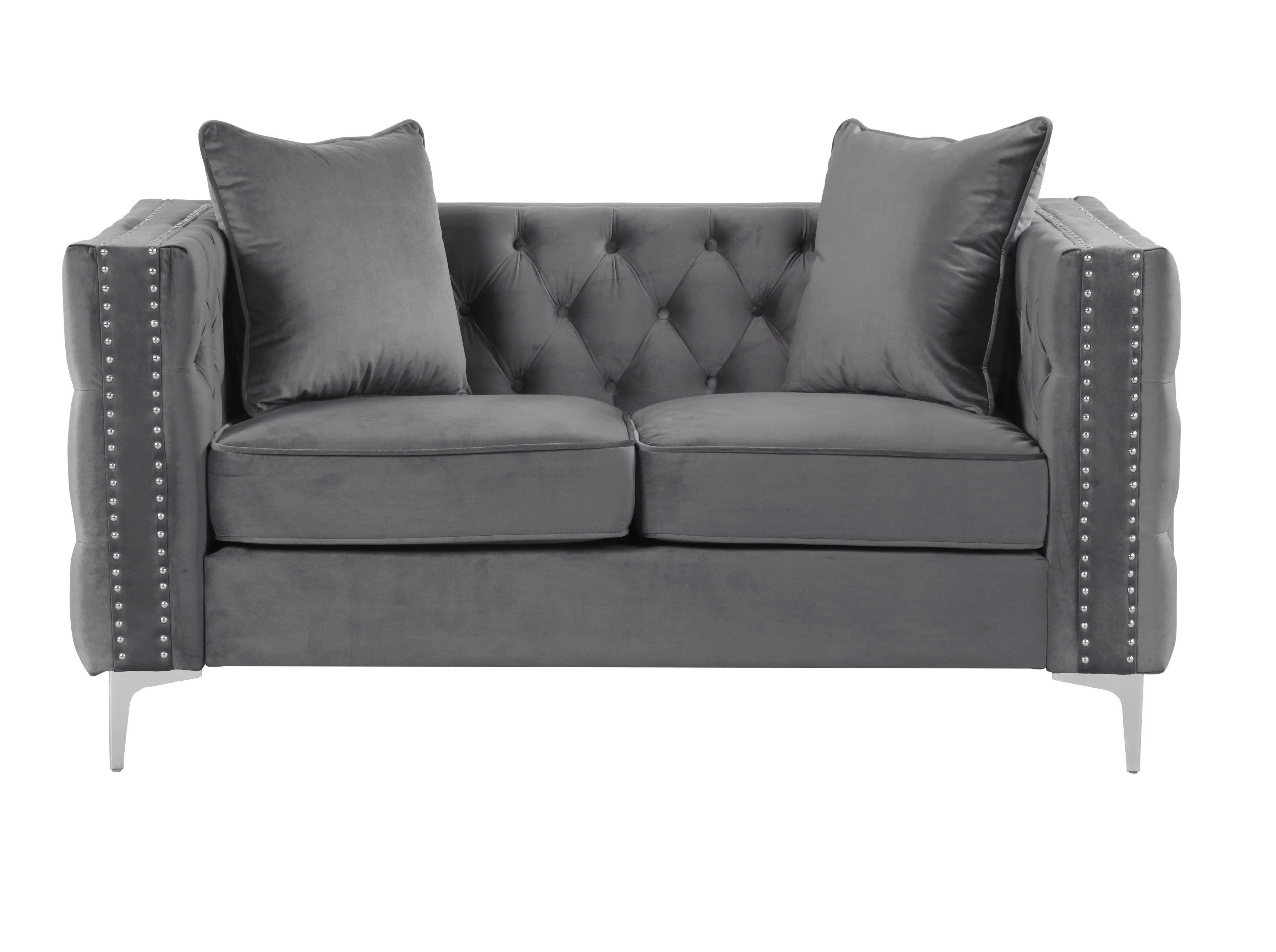 Alexandria - Gray Velvet fabric 3 Pieces Living room Set - 1 Loveseat and 2 Armchairs.