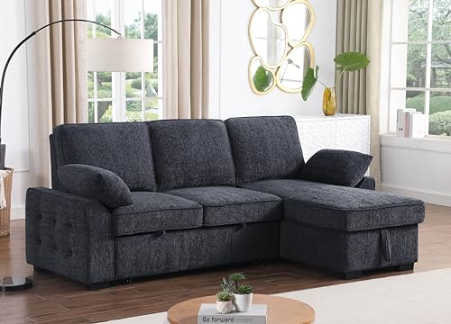 L-Shaped Pull Out Sleep Sofabed,Modern Reversible Sleeper Sectional Sofa Chenille Upholstered Button Tufted Decor with Storage Chaise