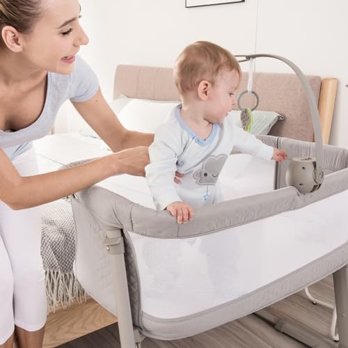 RONBEI Baby Bassinet, Bedside Sleeper Breathable Mesh Bedside Crib Bassinets, Adjustable Height Bassinet Bed for Baby/Newborn/Infants