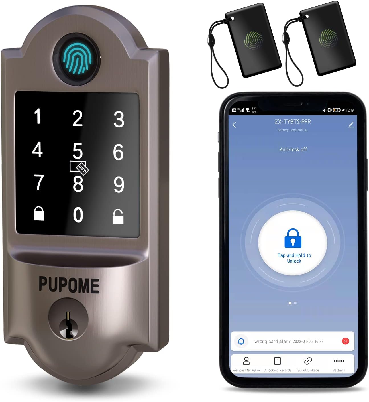 Smart Deadbolt,PUPOME Keyless Entry Door Lock,Wi-Fi Smart Lock with Bluetooth,Keys,IC Card,Biometric Fingerprint and Keypad