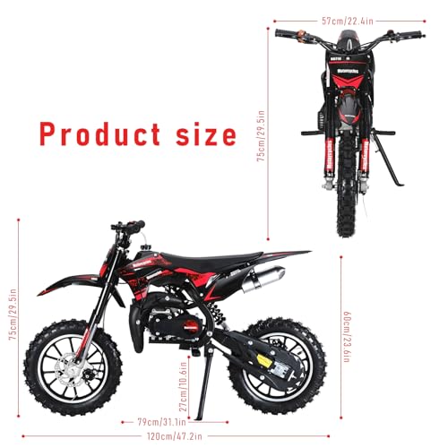 49cc Kids Dirt Bike, 2-Stroke Gas Powered Mini Motocross Motorcycle, Off-Road Dirtbike for Kids 5-14 with Front/Rear Disc Brakes, Shock Absorption