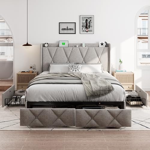 iPormis Queen Bed Frame with 4 Storage Drawers, Upholstered Platform Bed Frame with Charging Station, Modern Wingback Storage Headboard