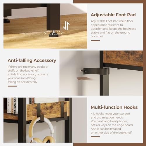 Rolanstar Bookshelf 5 Tier with 4 Hooks, Reversible Corner Bookshelf