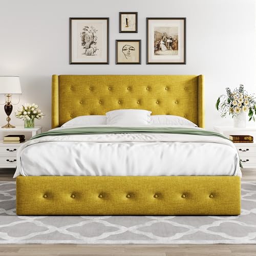 Allewie Full Size Lift Up Storage Bed, Modern Wingback Headboard, Hydraulic Support, No Box Spring Needed, Light Beige