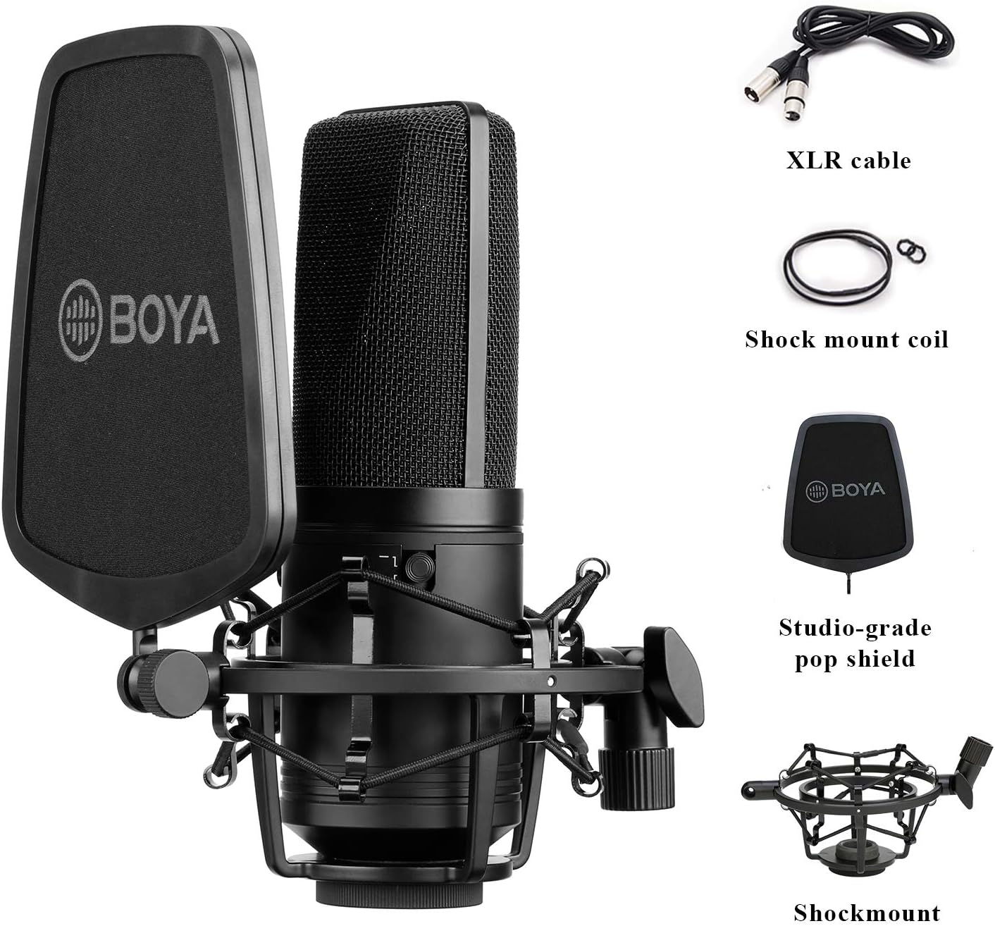 BOYA Large Diaphragm, Multi-Pattern Studio Condenser Microphone with Shock Mount, Pop Filter, and XLR Cable - Studio Microphone for Music, Vocals