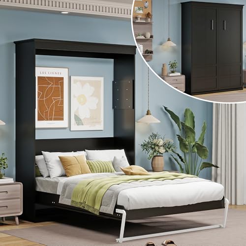Black Wood Full Size Murphy Bed, Murphy Bed Full Space-Saving Wall Beds