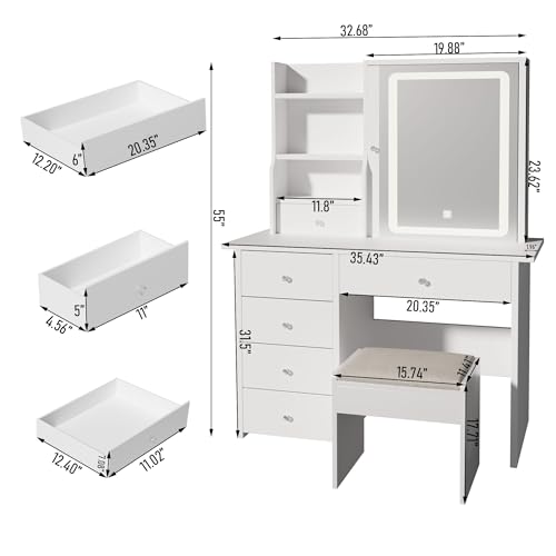 ALEAVIC Vanity Desk with Mirror and LED Lights, Makeup Vanity Set with Power Outlet, and Stool,Jewelry Storage,White Vanity Desk for Bedroom