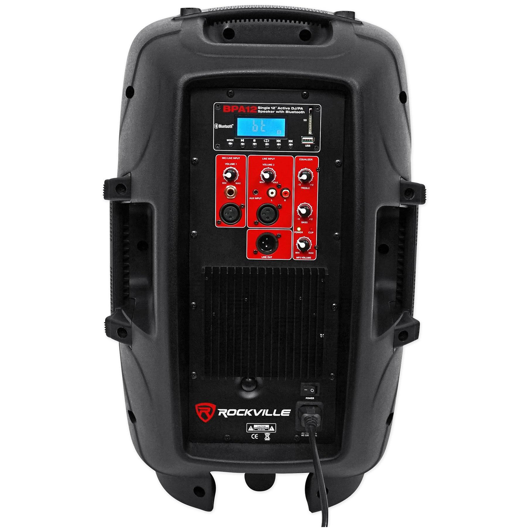 (2) Rockville BPA12 12x22 Powered 600W DJ PA Speakers wBluetooth+LED Stands+Cables