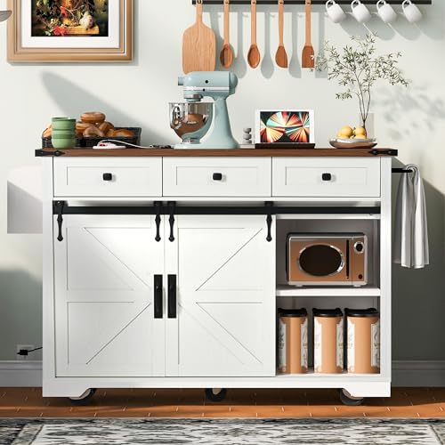 53.7" Farmhouse Kitchen Island with Drop Leaf,2 Drawers,Kitchen Storage Island with Power Outlet,Spice Rack
