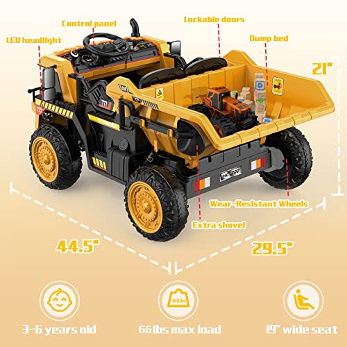 ANPABO Ride on Dump Truck, 12V Ride on Car with Remote Control, Electric Dump Bed and Extra Shovel, Ride on Construction Vehicle with Music Player