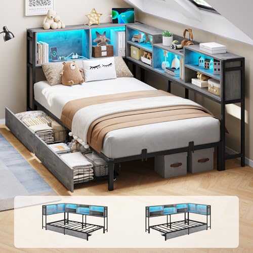 DICTAC Corner Twin Bed Frame with Bookcase Storage and Led Lights Metal Twin Size Platform Beds with Storage and Charging Station Twin Daybed with 2