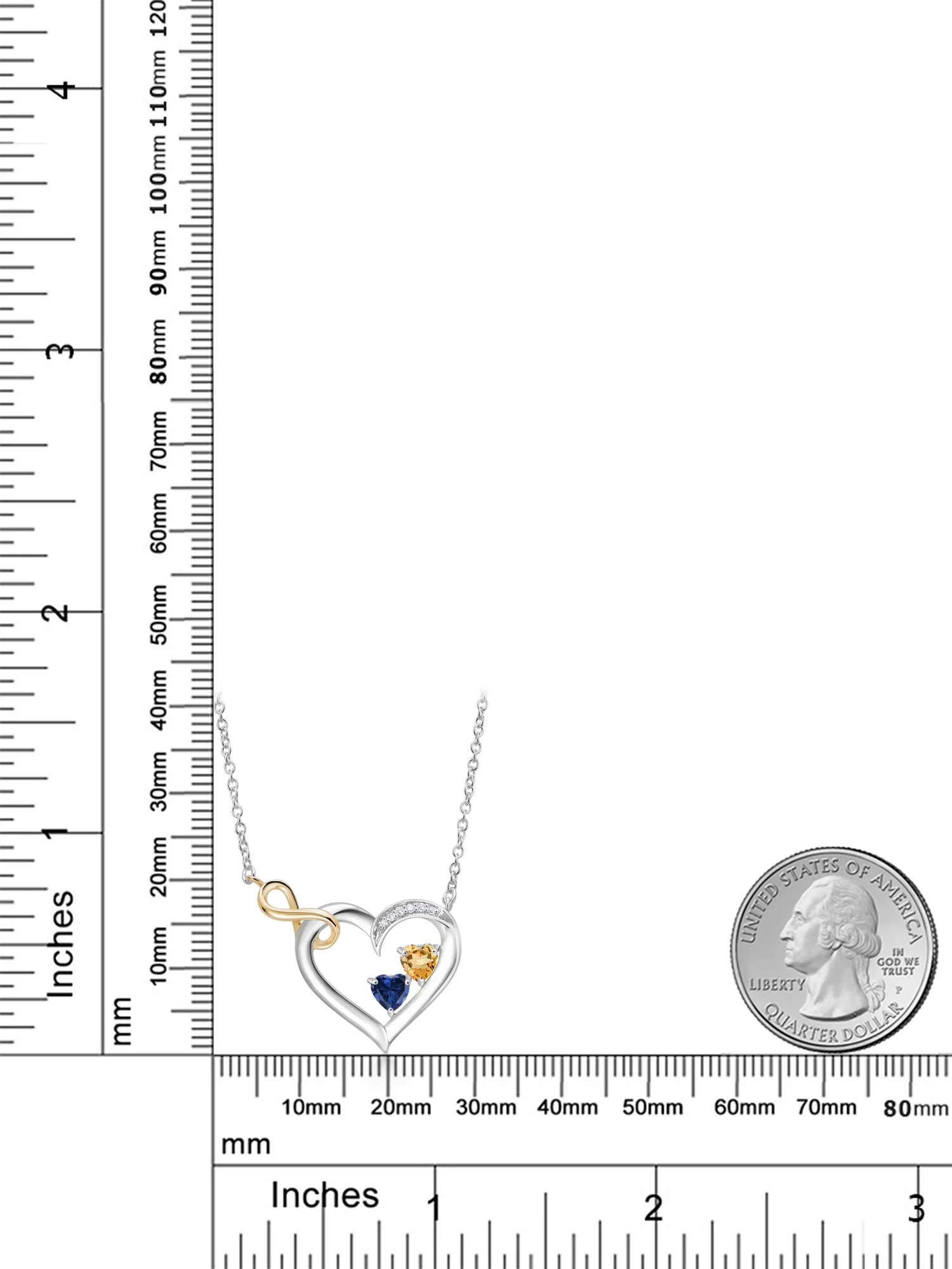 925 Sterling Silver and 10K Yellow Gold Yellow Citrine Blue Created Sapphire and White Lab Grown Diamond Infinity Heart Pendant Necklace For Women