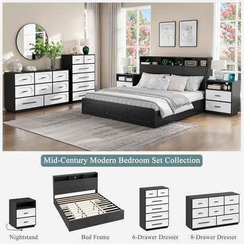 Queen Bed Frame with 47" Storage Headboard, Queen Size Wood Bed Frame with 4 Storage Drawers, Built-in Charging Station & LED, Solid Wood Slats