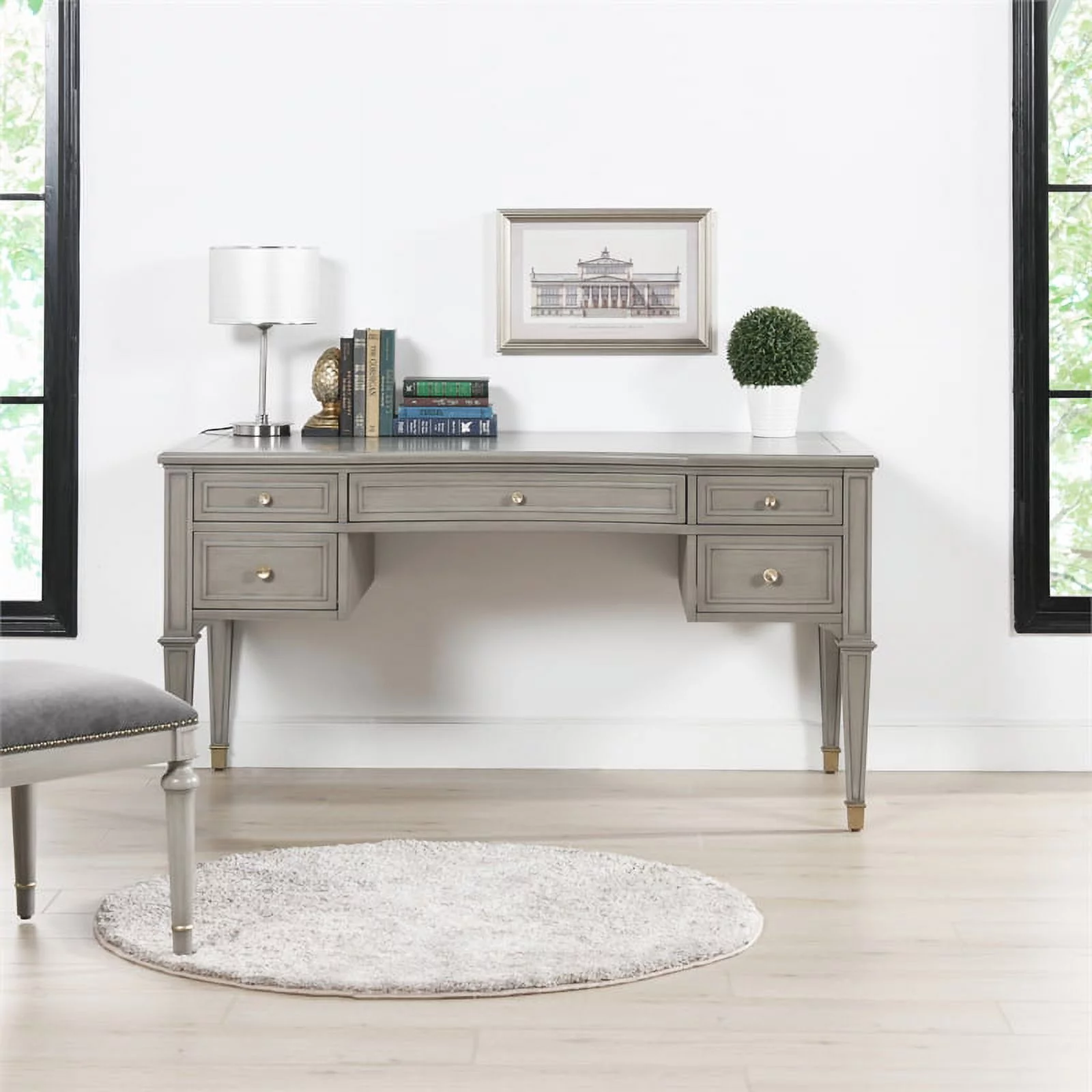 Jennifer Taylor Home Dauphin Gold Accent 5-Drawer Wood Desk Grey Cashmere
