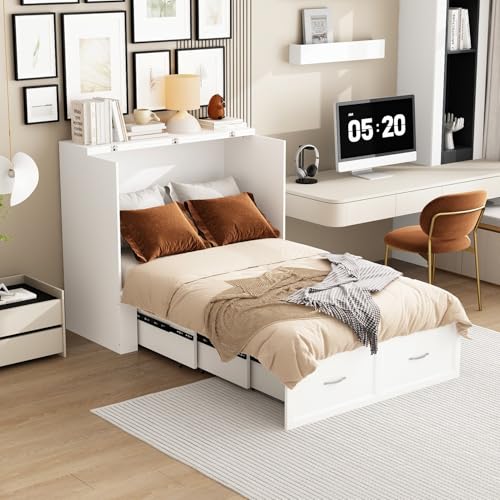 FAMAPY Twin Murphy Bed with Built-in Charging Station, Space-Saving Murphy Bed Chest Twin with Drawer, Foldable