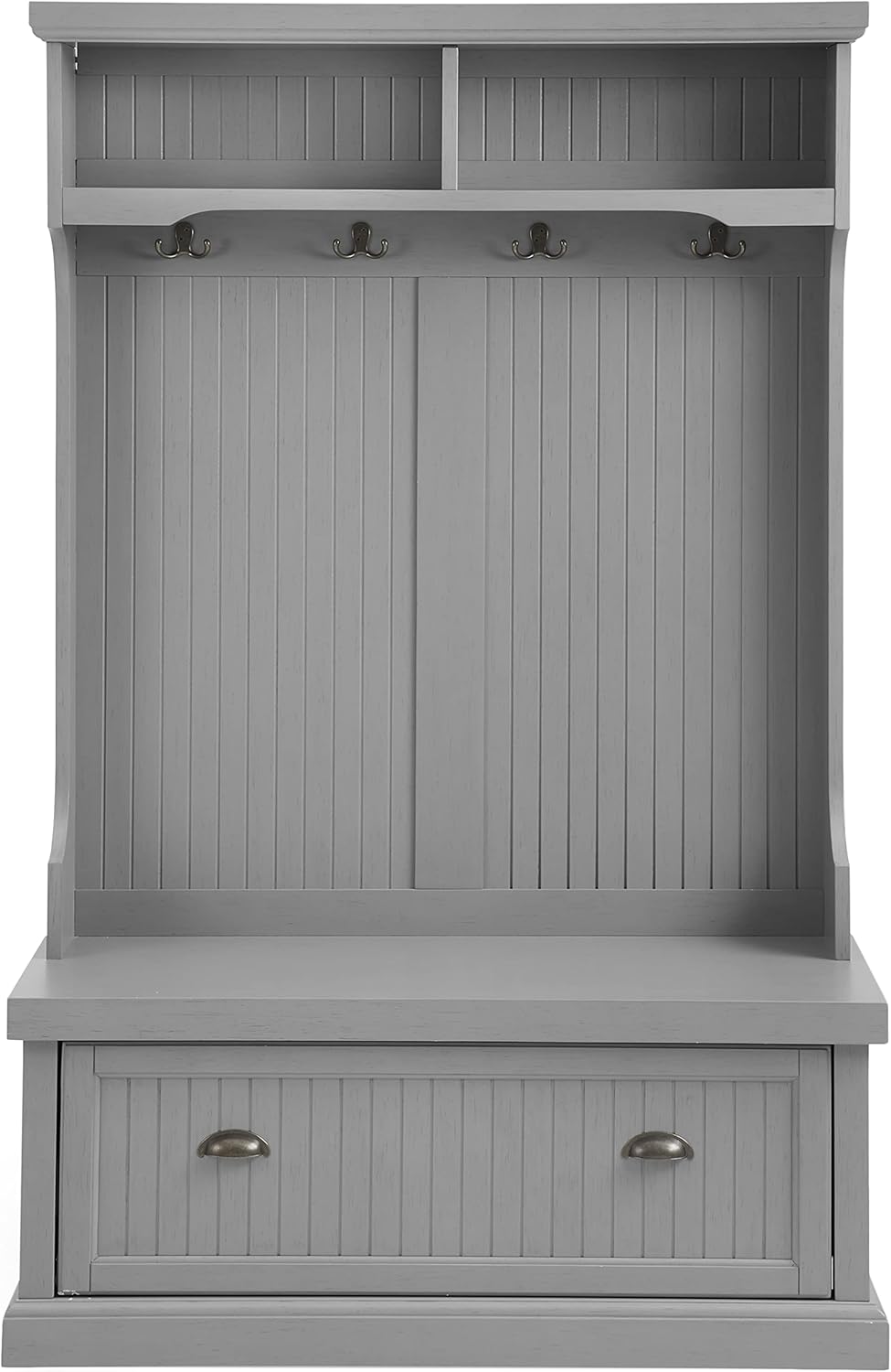 Crosley Furniture Seaside Hall Tree, Entryway Bench with Coat Rack and Shoe Cabinet, Distressed Gray