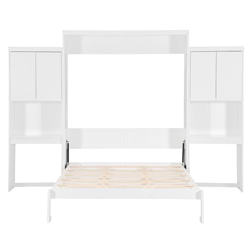 SOFTSEA Queen Size Murphy Bed with Desk and Storage, Wood Queen Wall Bed Frame with Vanity & Shelves, Space-Saving for Guest Room, Bedroom or Office