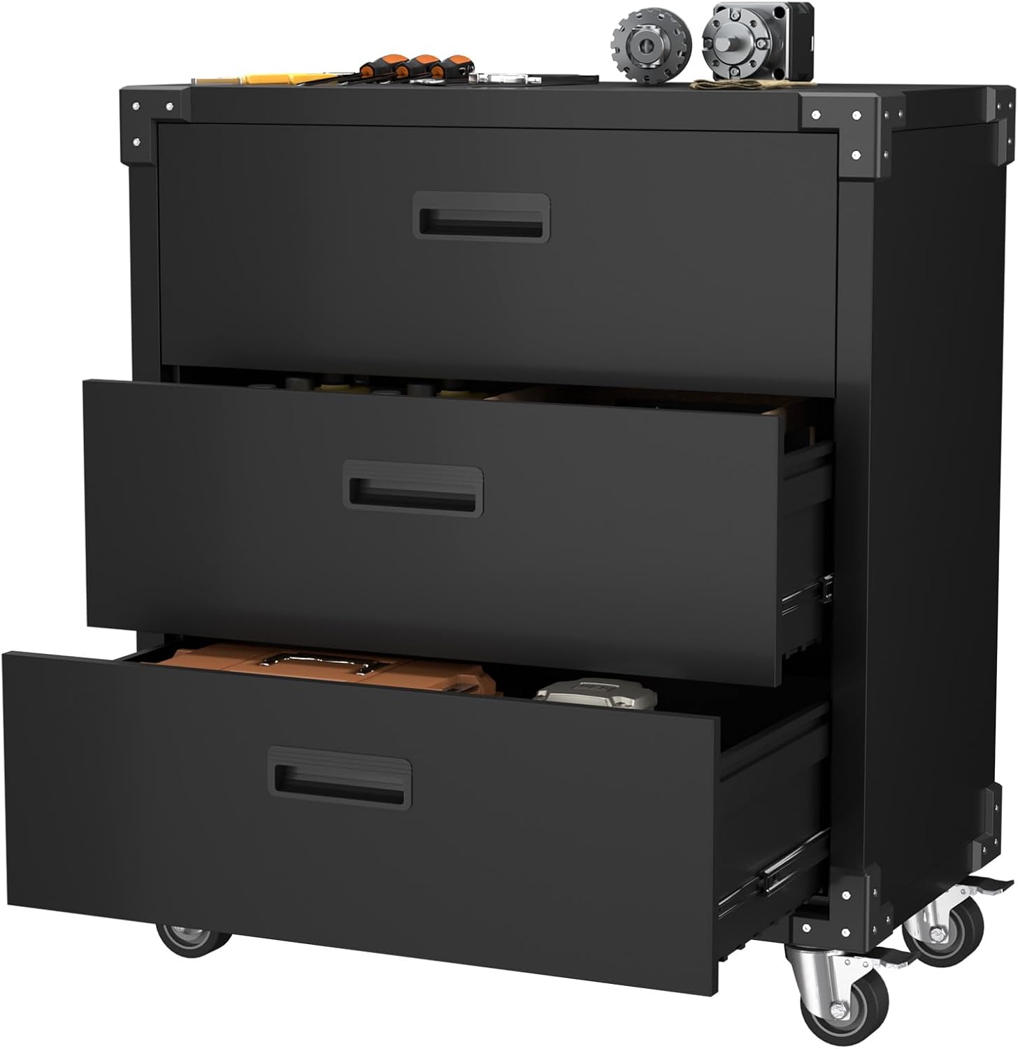 Aobabo 3 Drawer Metal Storage Cabinet with Wheels, Black Garage Storage Cabinet for Garage Home Office Business Storage,Assembly Required