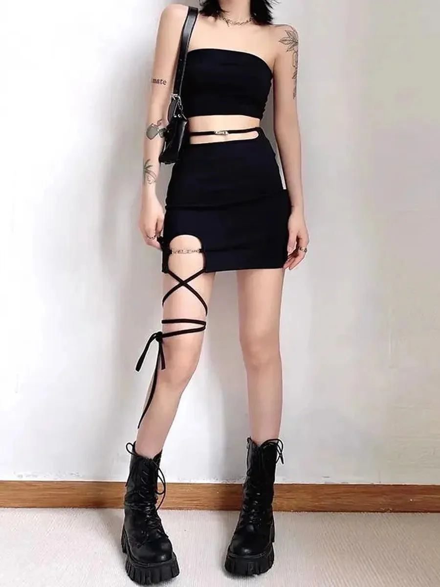 'Statement' Dark Mini Leg Strap Skirt