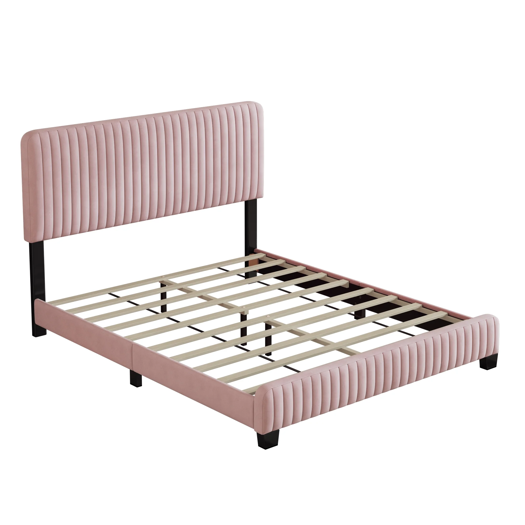 Churanty Full Size Upholstered Platform Bed,Velvet Platform Bed Frame with Headboard,Pink