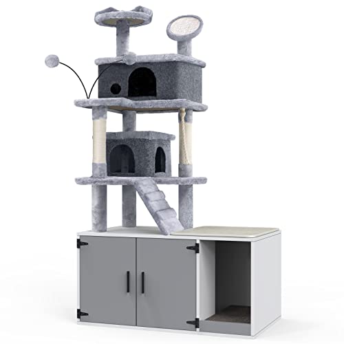 GDLF Cat Litter Box Enclosure,All-in-One Large Cat Tree with Washroom and Sisal Scratching Post & Pad 65”