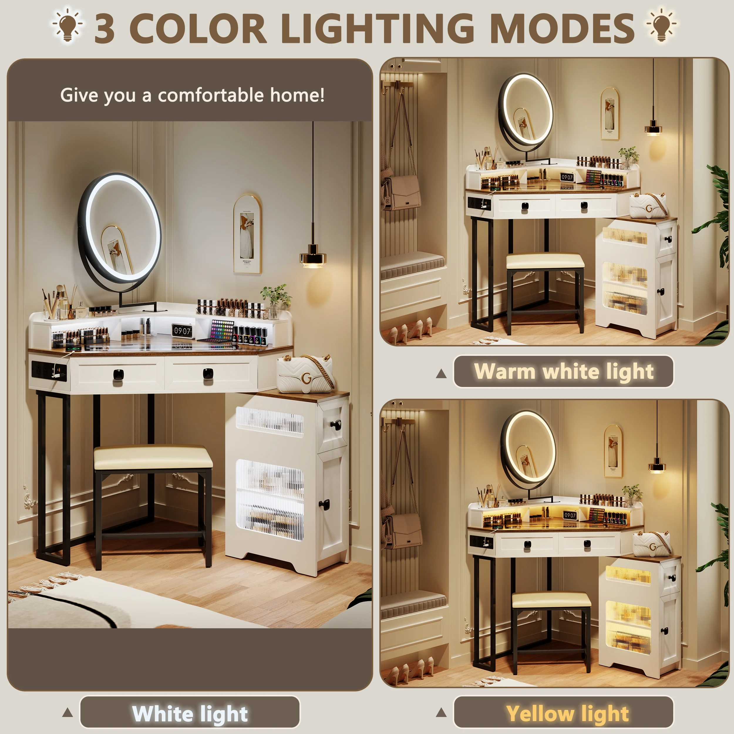 Corner Vanity Desk with Mirror and Lights, Modern Glass Top Makeup Vanity Set with Charging Station for Bedroom/Cloakroom (No Stool)