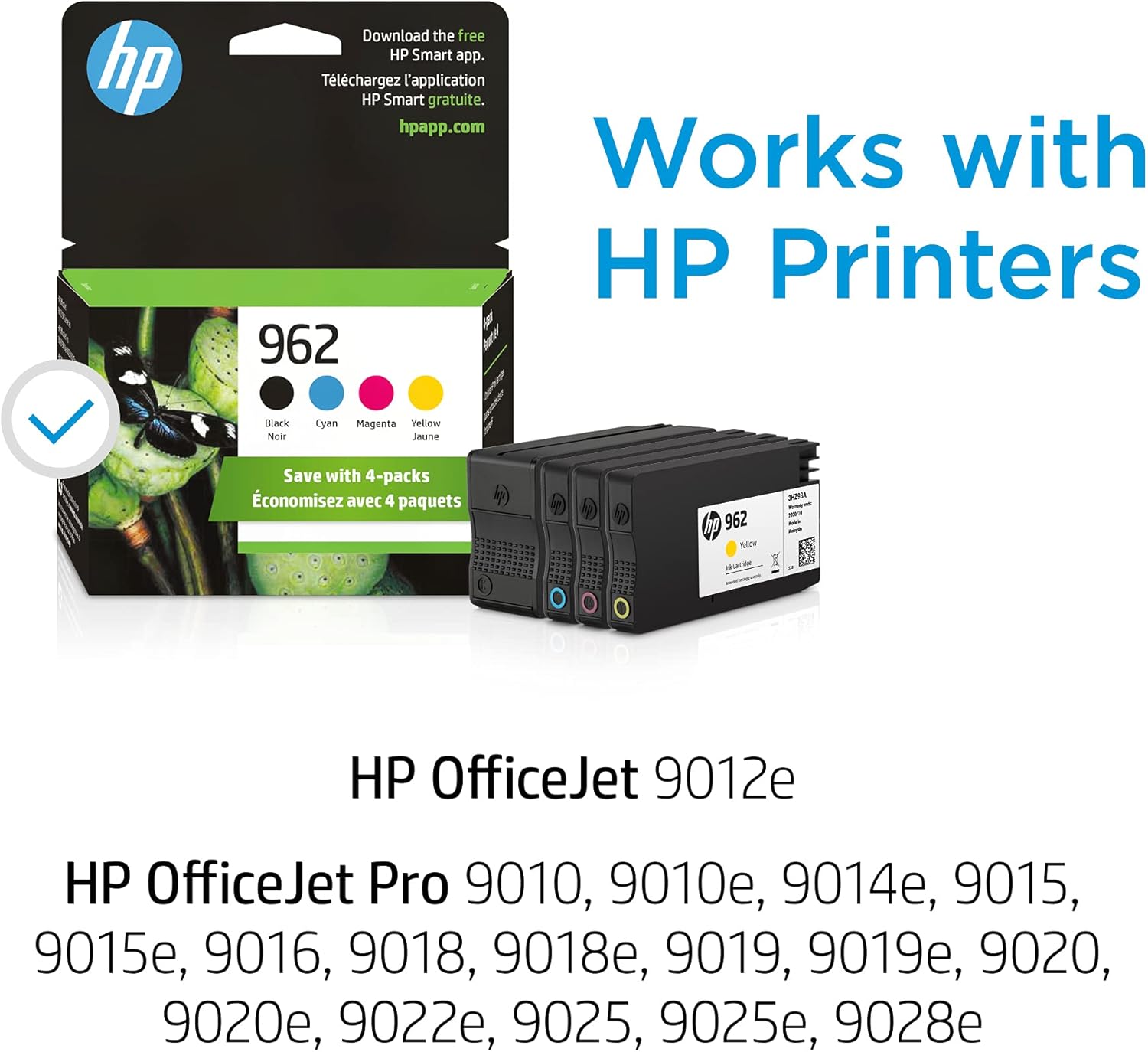 Original HP 962 Black, Cyan, Magenta, Yellow Ink Cartridges (4-pack) | Works with HP OfficeJet 9010 Series, HP OfficeJet Pro 9010