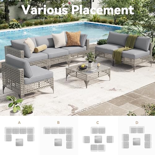 U-MAX 7 Piece Outdoor Patio Furniture Set, PE Rattan Outdoor Wicker Sectional Furniture Chair Set with Cushions and Tea Table