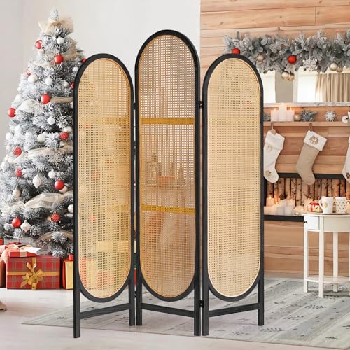 5.9 Ft Tall Hand-Woven Rattan Room Divider 3 Panels, Wood Room Divider Panel, Folding Screen Divider Wall, Wall Divider for Room Separation