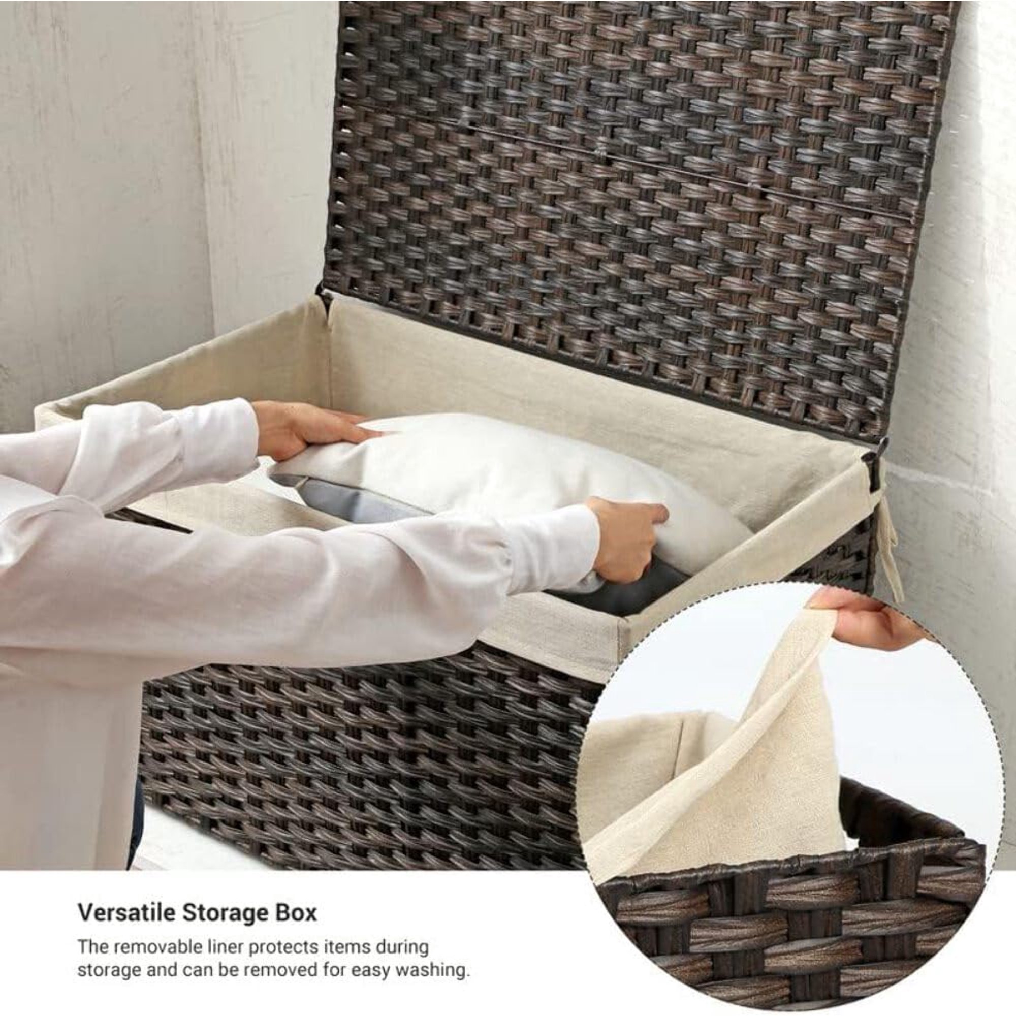 Storage Basket with Lid, 42.3 Gallon (160L) Foldable Storage Bin with Handles, Removable Liner, for Bedroom, Laundry Room, Brown