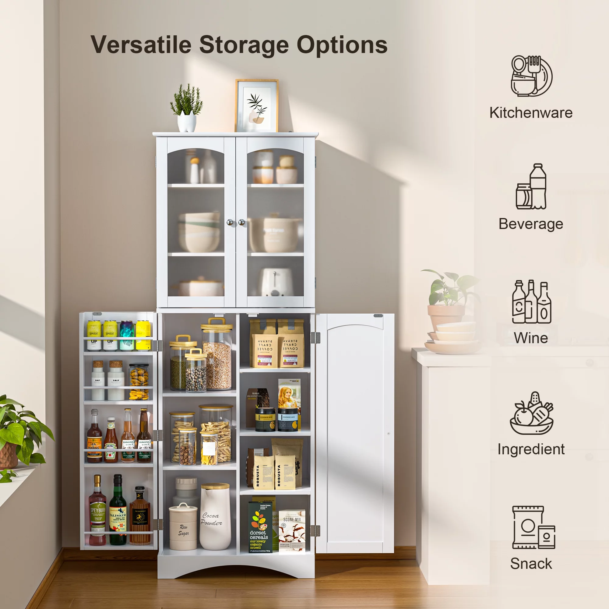 Aiho 64" H Tall Kitchen Pantry Storage Cabinet with Glass Door, White