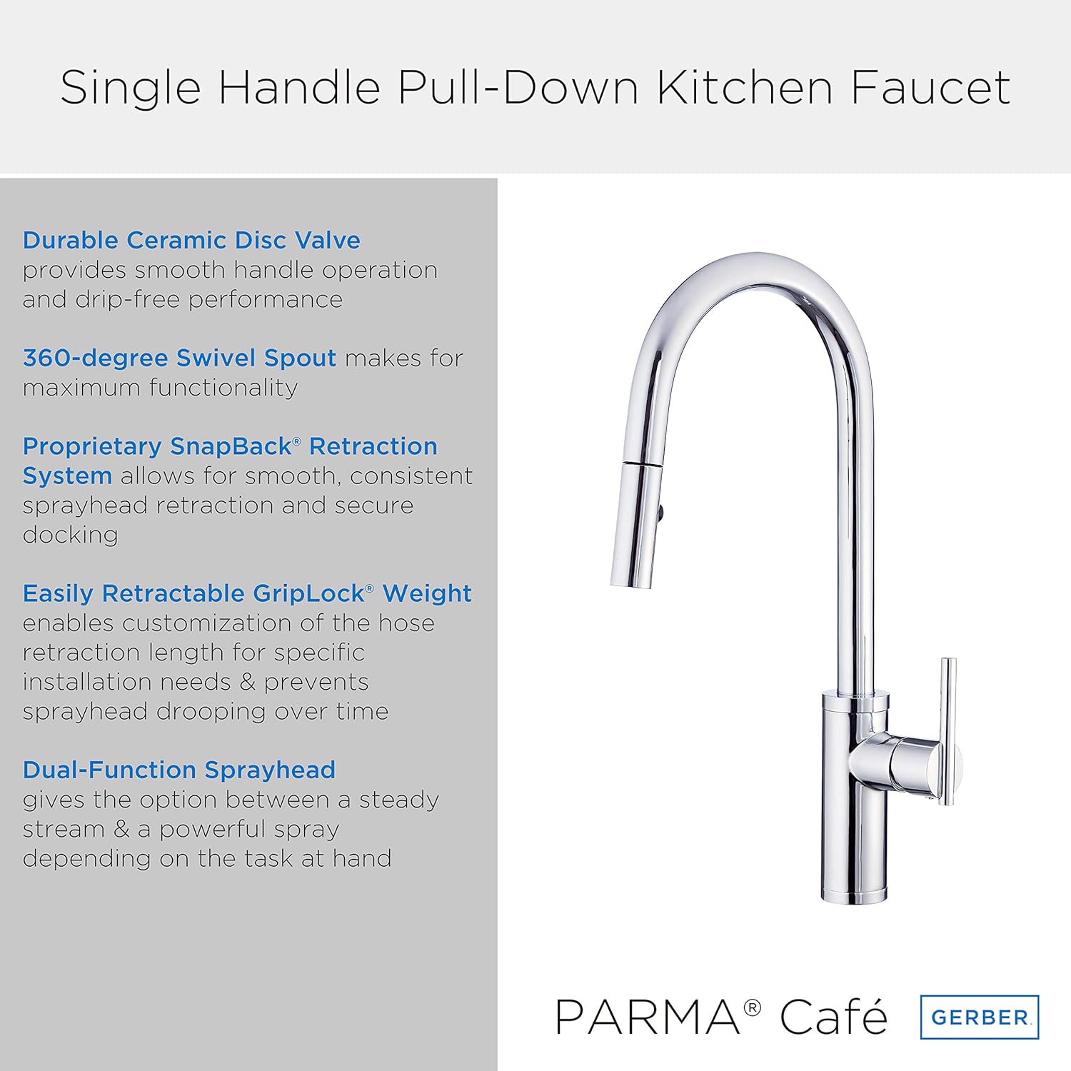 Danze D454058 Modern Parma Cafe Pull-Down Kitchen Faucet with Snapback Retraction, Chrome