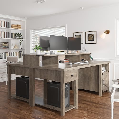 EnHomee Farmhouse Office Desk with Drawer & Power Outlets, Wood Computer Desk Monitor Stand for Bedchamber Study