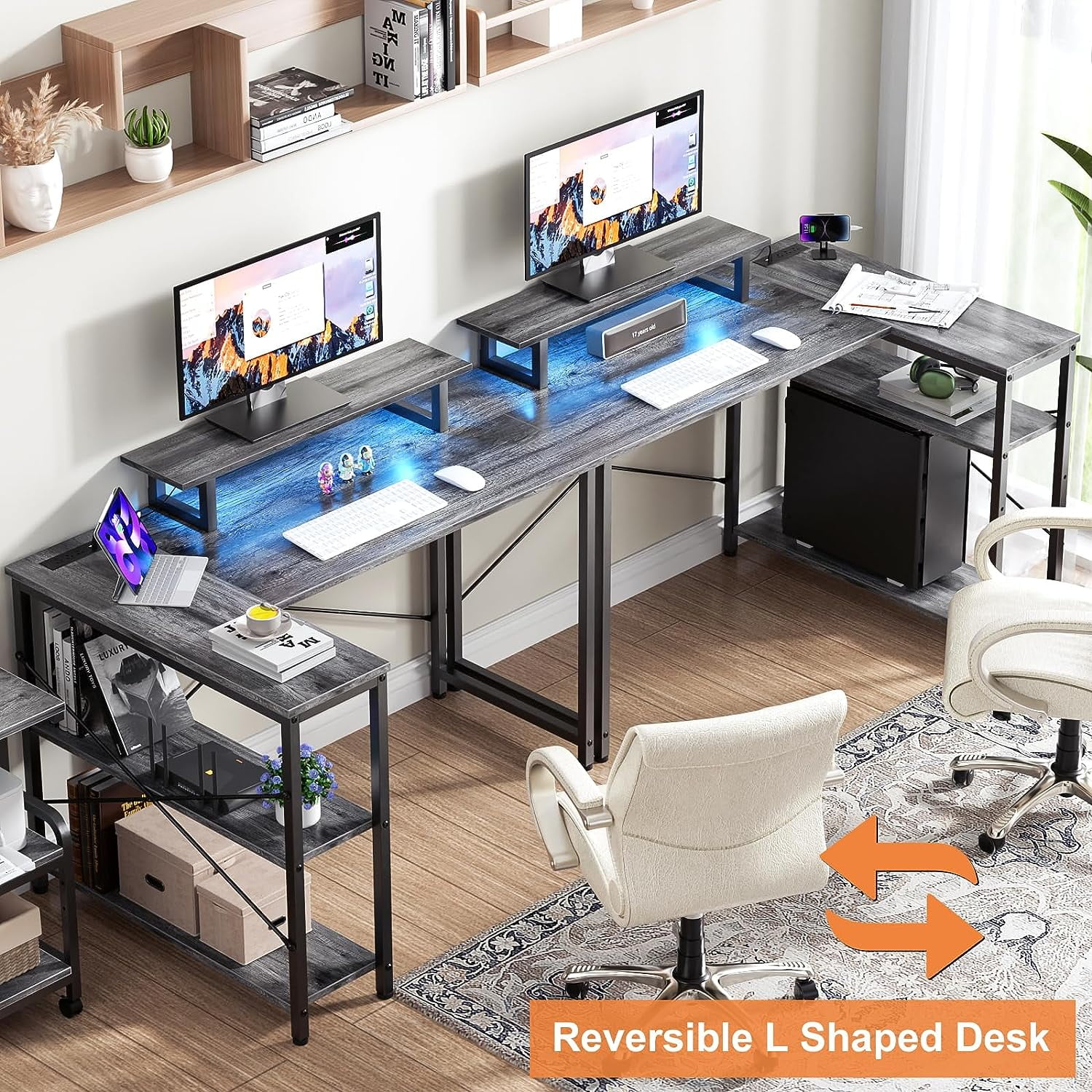 Homieasy L Shaped Desk with Power Outlet & USB Ports, 47 Inch Reversible L-Shaped Gaming Desk with LED Strip & Monitor Stand